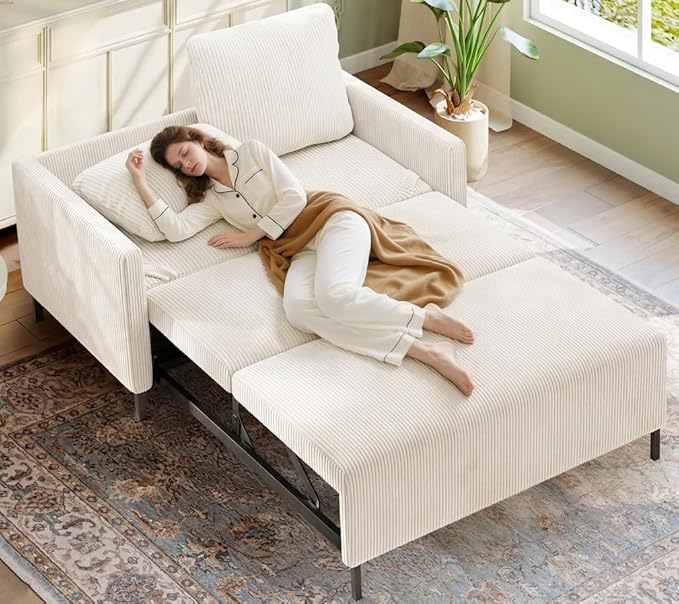 Welzona 47.2" Convertible Sofa Bed Couch, Comfy Corduroy Loveseat Sleeper Sofa, 620lbs Capacity Couch Bed, Easy Setup Love Seat Sleeper Bed 2 Pillows, Small Couches for Living Room/Office, Beige White