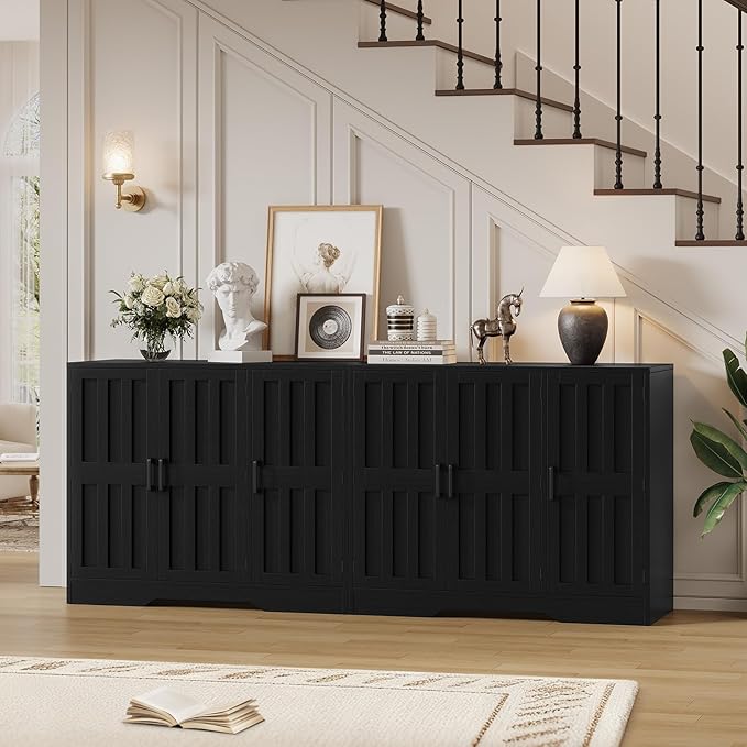 Modern Farmhouse Buffet Cabinet with Storage, 85" Large Sideboard Storage Cabinet with 6 Barn Doors, Coffee Liquor Bar Cabinet Wood Table Credenza with Adjustable Shelf for Kitchen Dining Living Room