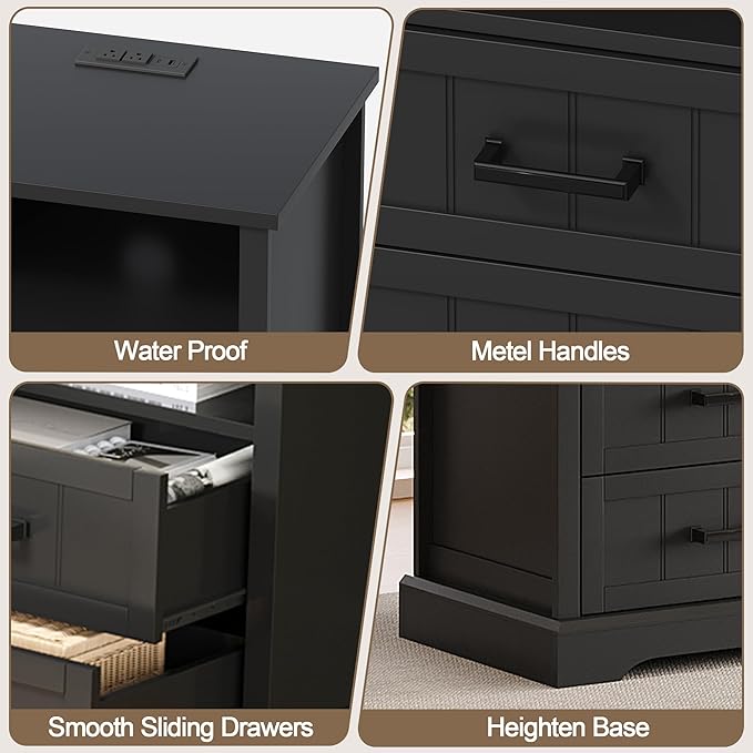 ChooChoo Farmhouse Night Stands with Charging Station, Wood Nightstand Set of 2 with 2 Drawers, Bedside Table with Open Storage Shelf for Bedroom, Black