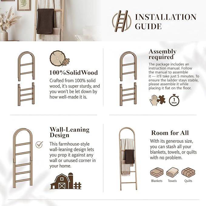 Wooden Blanket Ladder - Natural & Motley Wood - Leaning Wall Decor for Bedroom, Bathroom, Living Room - Rustic Quilt Holder & Towel Rack (Brown-Curved, 76in（5-Tier）)