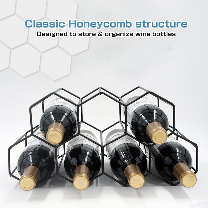 Buruis 9-Bottle Countertop Wine Rack, Honeycomb Metal Wine Holder for Red & White Wines, Standing Bottle Organizer for Home, Kitchen, or Bar, Black