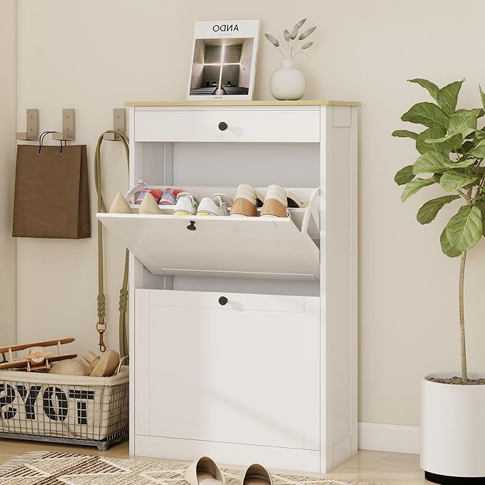 FTZxHKLX Shoe Cabinet with 2 Flip Drawers, Slim Wooden Hidden Shoe Organizer with Drawer, Pet-Proof Narrow Shoe Storage Cabinet for Entryway Living Room Behind The Door