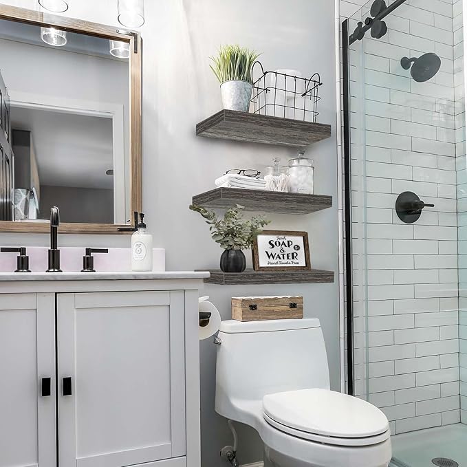 QEEIG Floating Shelves for Wall Bathroom Shelf Bedroom Kitchen Living Room Hanging Book Shelves Small Farmhouse Decor 16 inch Set of 3, Grey (015-GY3)