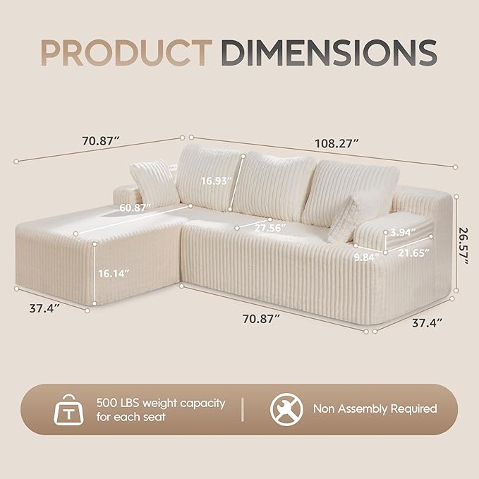 Hobestluk Modular Sectional Sofa Boneless Couch L-Shape Couch 3 Seat Modular Couch Memory Foam Sectional Couches for Living Room Furniture, Cloud Couch with Oversized Chaise (108" Left Facing Chaise)