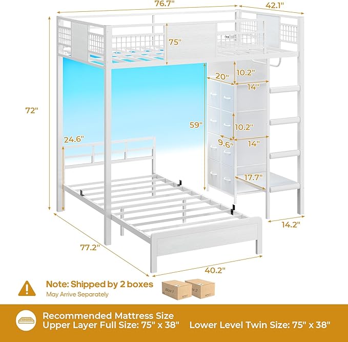 ADORNEVE Bunk Bed Twin Over Twin Size with 8 Storage Drawers, Twin Bunk Beds with Led Lights & Storage Shelves, Metal Loft Bed with 13.4" H Safety Guardrail & Ladder, for Kids & Teens, White