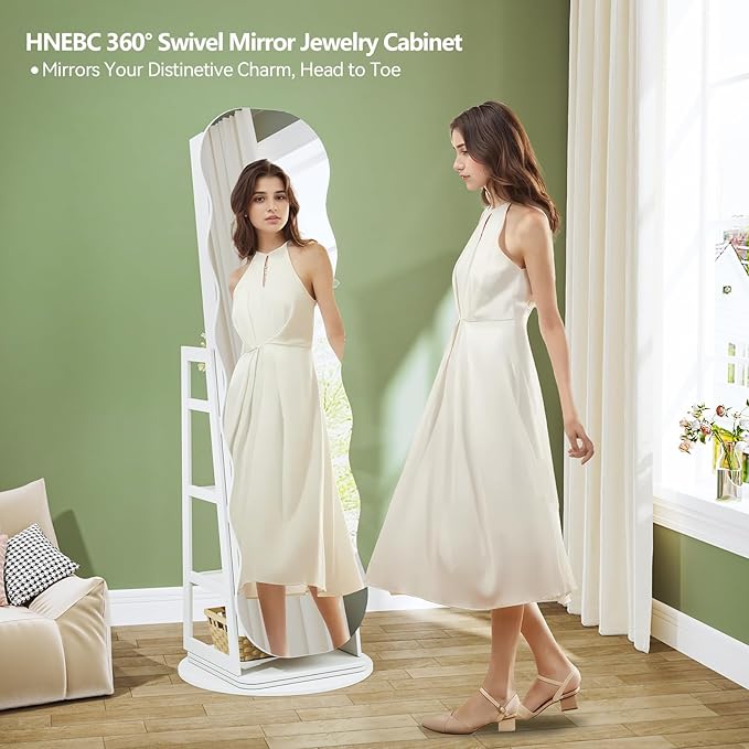 HNEBC 360° Swivel Jewelry Cabinet with Lights, LED Jewelry Armoire with Mirror, Wavy Wide Full-Length Mirror with Storage, Lockable Mirror Jewelry Cabinet Standing (White)