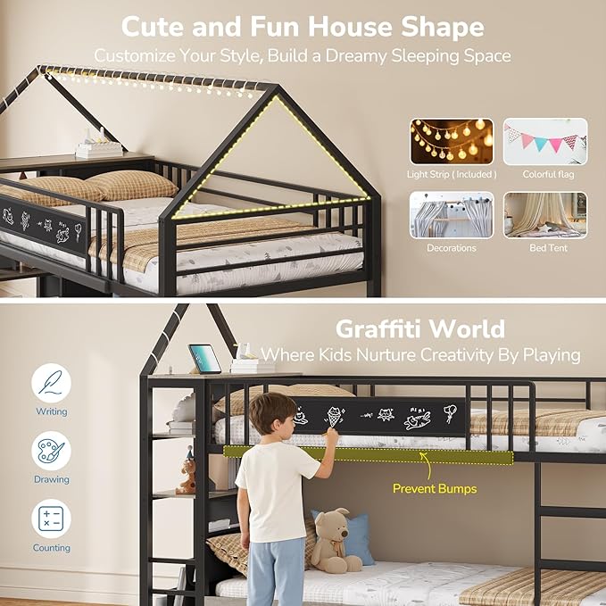 Twin Bunk Bed for Kids with 6 Storage Drawers, Montessori Bookshelf, House Shaped Bed with Globe String Lights and USB Ports, Metal Low Bunk Bed Twin Over Twin with Safety Guardrail and Ladder, Black