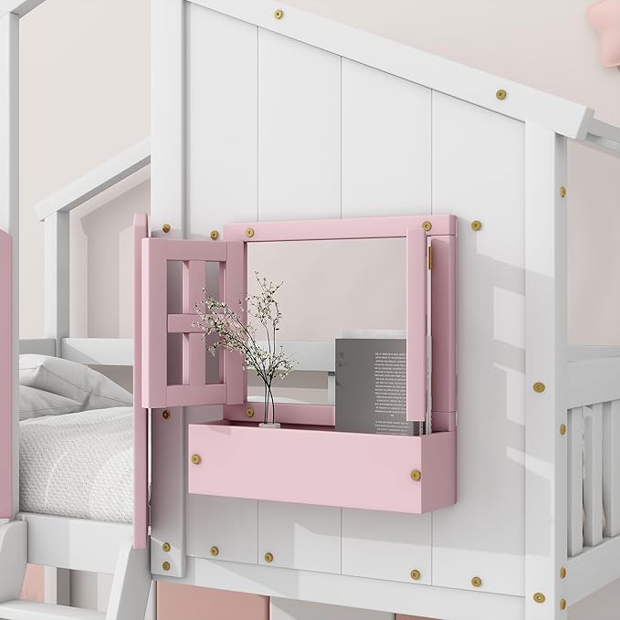 Twin Over Twin Floor House Bunk Bed with Roof and Window, Storage Box, Low Loft Bunker Bed for Small Space, No Box Spring Needed for Kids Girls Boys, Pink/White