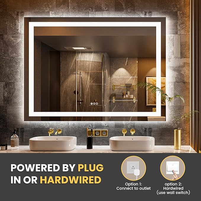 LOAAO 58"x40" LED Bathroom Mirror with Lights, Anti-Fog, Dimmable, Backlit + Front Lit, Lighted Bathroom Vanity Mirror for Wall, Memory Function