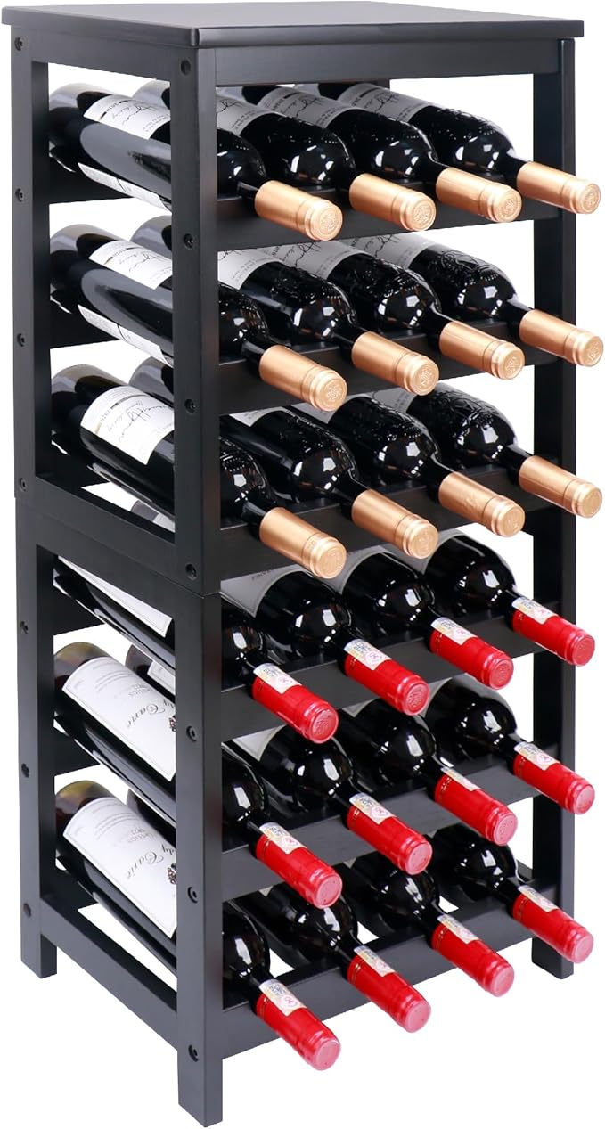Wine Rack Free Standing Floor, 6-Tier 24 Bottles Display Wine Storage Shelves with Table Top, Easy-Assembly Freestanding Bamboo Wine Racks for Kitchen Dining Room Bar, Black