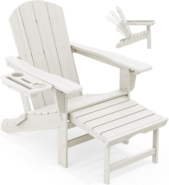KINGYES Adjustable Folding Adirondack Chair with Footrest & 4-in-1 Multi-Functional Armrest Organizer, HDPE Recliner Adirondack Chair with Pull-Out Ottoman, White
