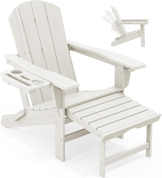 KINGYES Adjustable Folding Adirondack Chair with Footrest & 4-in-1 Multi-Functional Armrest Organizer, HDPE Recliner Adirondack Chair with Pull-Out Ottoman, White