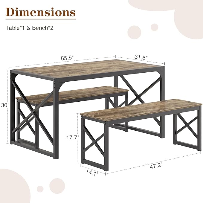 VECELO 55” Kitchen Dining Table Set for 4, Heavy-Duty Steel Frame & Wood-Grain Tabletop, Space-Saving Dinette Sets with 2 Benches for Breakfast Nook and Small Space, Grey