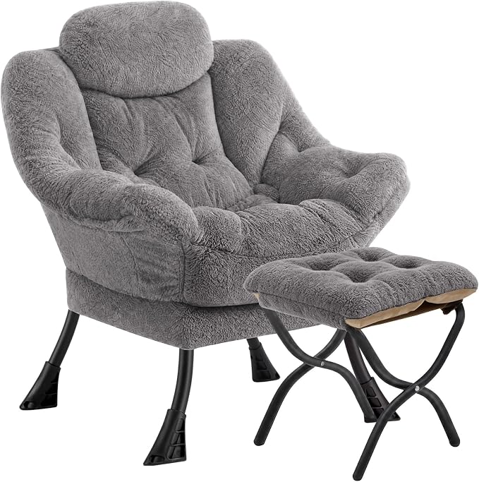 Lazy Chair with Folding Ottoman,Leisure Sofa Chair,Soft Fabric Armchair with Armrests and Side Pockets, Reading Chair with Footrest for Living Room, Bedroom, Office (Plush Light Grey)