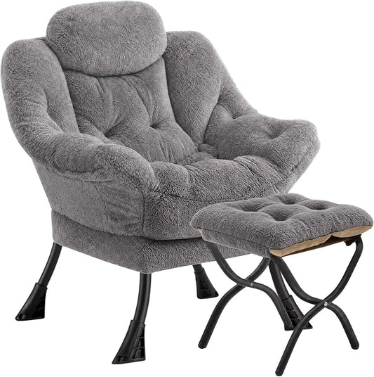 Lazy Chair with Folding Ottoman,Leisure Sofa Chair,Soft Fabric Armchair with Armrests and Side Pockets, Reading Chair with Footrest for Living Room, Bedroom, Office (Plush Light Grey)
