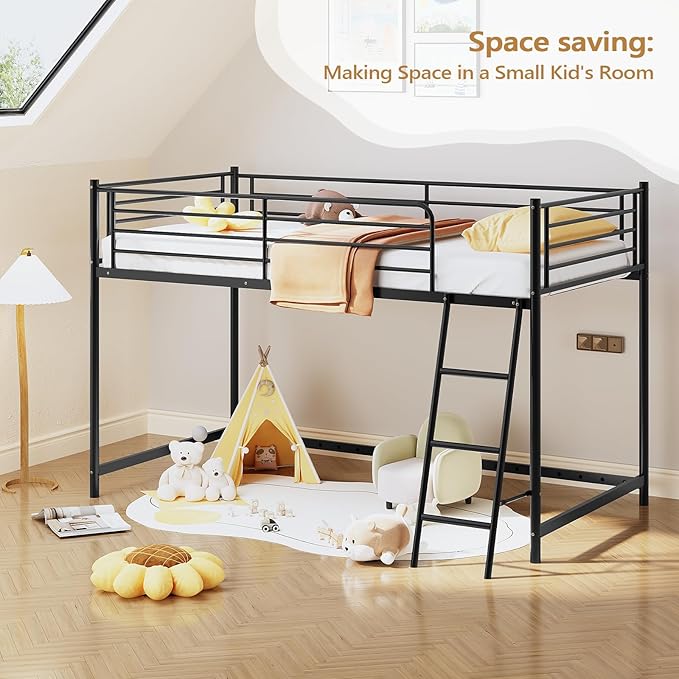 JOYMOR Low Loft Bed with Inclined Ladder, Metal Twin Size Bed Frame with 15” High Guardrail for Boys Girls, Junior, Space Saving, Mattress Not Included (Black)