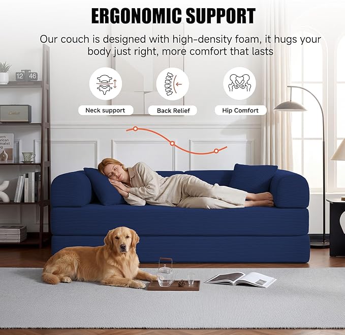 79" Compressed Sofa, Convertible Sofa Bed, Corduroy Compression Boneless Couch with Pillow, Comfy Modular Foldable Floor Sleeper Sofa for Bedroom, Living Room, Lounge, Studio (Dark Blue)