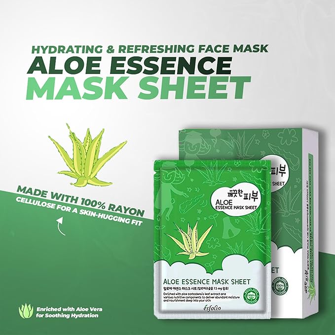 Esfolio Pure Skin Aloe Vera Face Mask Sheet – Hydrating Korean Sheet Mask for Soft, Balanced Skin – Lightweight Daily Skincare with Botanical Extracts – Easy to Use, Made in Korea (Pack of 10)