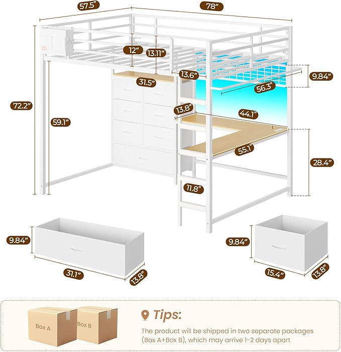 DICTAC Full Loft Bed with L-Shaped Desk and 7 Storage Drawers, Metal Full Size Loft Bed for Teen with LED Lights and Charging Station,13.11" H Safety Guardrail and Ladder,No Box Spring Needed, White