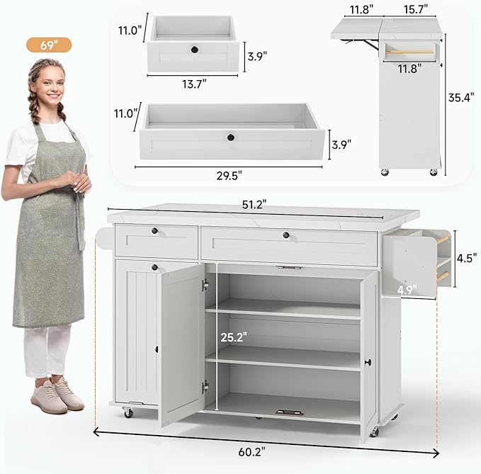 60" Kitchen Island with Power Outlet & Drop Leaf, Kitchen Rolling Island with Spice Rack & Towel Rack, Knife Holder, Kitchen Island Cart with Trash Storage Cabinet, Mobile Island Table for Kitchen