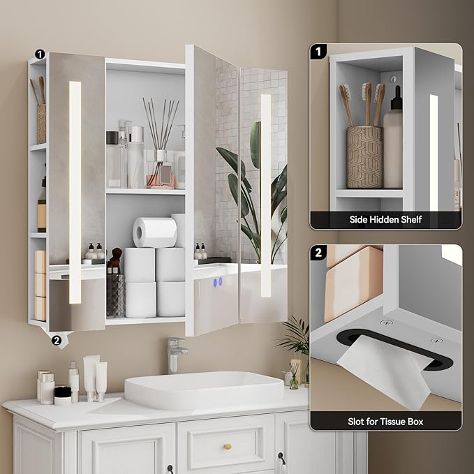 YOURLITE Bathroom Medicine Cabinet Mirror with Storage, Wall Mounted Bathroom Mirror Cabinet with LED Lights, Anti-Fog, 3 Lighting Modes, Adjustable Brightness, Adjustable Shelves