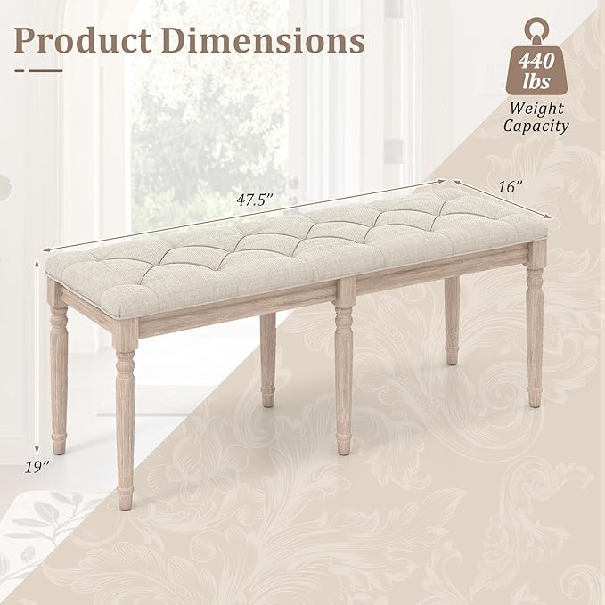 Giantex 47.5-inches Upholstered Dining Bench, 2-Pack Button-Tufted Table Bench with Carved Rubber Wood Legs, Padded Seat, Load 440Lbs, Vintage End of Bed Ottoman for Entryway, Living Room, Bedroom