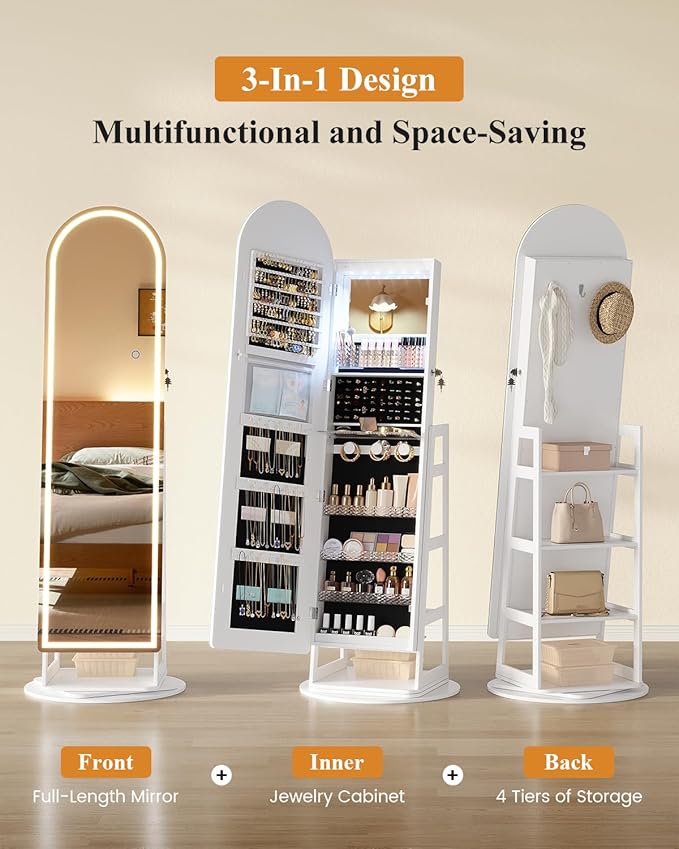 LVSOMT LED Arched Mirror Jewelry Cabinet Standing, Lockable Jewelry Armoire, Full-Length Mirror with Storage, Space-Saving Jewelry Organizer Mirror, Foldable Makeup Shelf, Gift for Women(LED White)