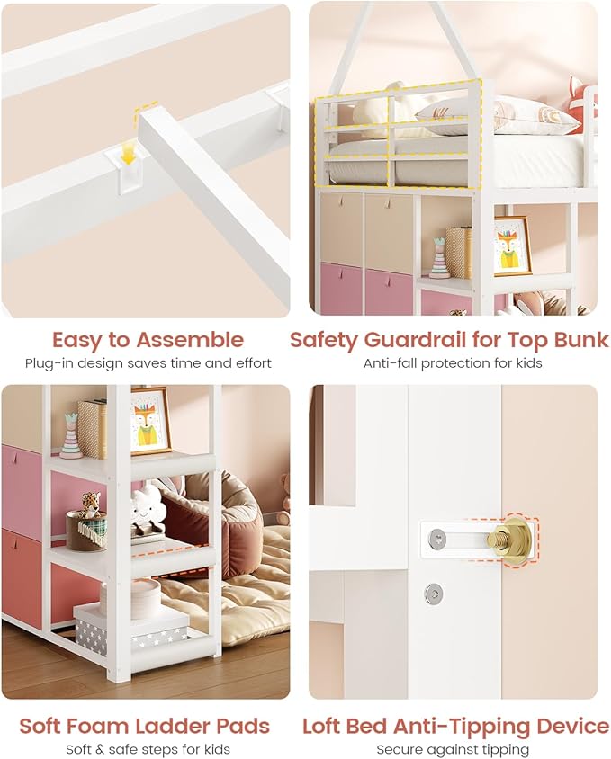 VIAGDO Twin Loft Bed with Desk and Storage for Kids, Metal Low Loft Bed Twin with 9 Drawers, 3-Tier Shelves, Led Lights, Safety Guardrail, No Box Spring Needed,White | 9 Storage Drawers