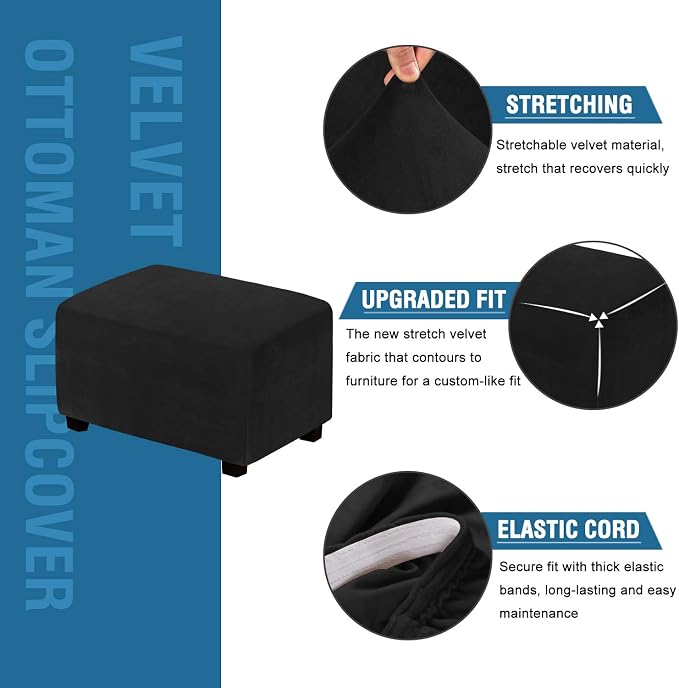 H.VERSAILTEX Real Velvet Plush 1 Piece Form Fit Stretch Rectangle Folding Storage Covers Ottoman Slipcovers Removable Footstool Protect Footrest Covers Elastic Bottom, Machine Washable(Large, Black)