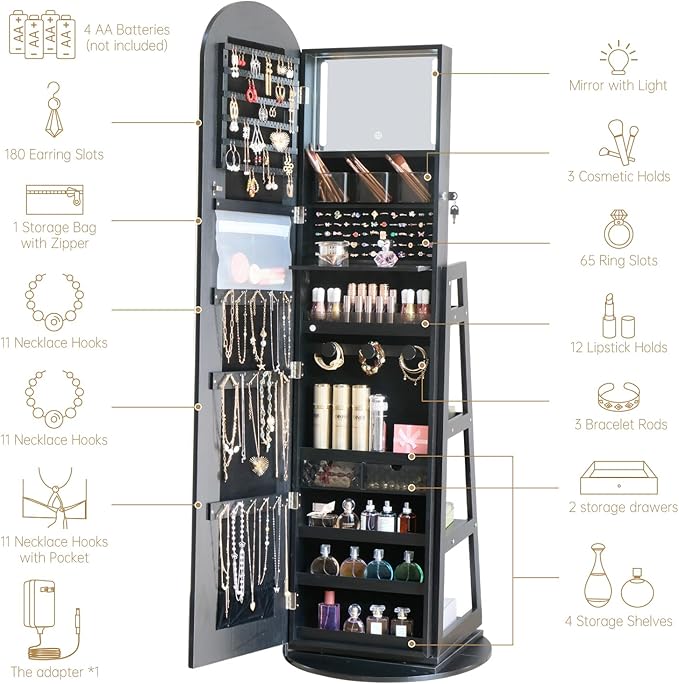 Arched Rotating Jewelry Cabinet with LED Lighted Full Length Mirror & Built-in LED Vanity Mirror, Lockable Standing Jewelry Armoire, Large Storage Organizer for Jewelry (Black)