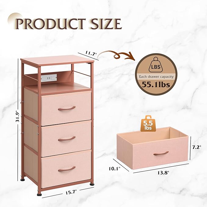 WLIVE Nightstand with Charging Station, 31.9" H Nightstand with 3 Fabric Drawers, LED Bedside Table with USB Ports and Outlets, End Table for Dorm, Bedroom, Entryway, Pink