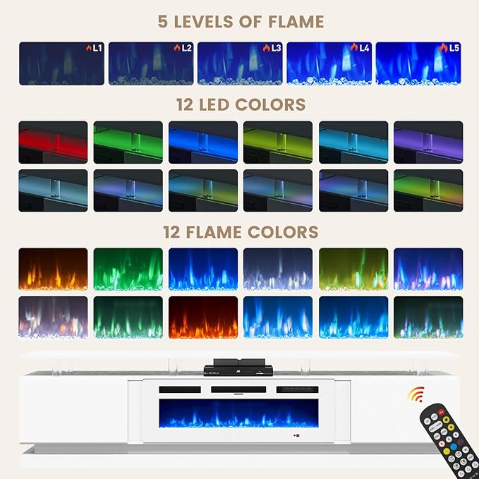 80" Fireplace TV Stand, Modern Entertainment Center for TVs Up to 90", TV Console with Storage Cabinets, Media Console for Living Room, White TV Stand and Black Fireplace