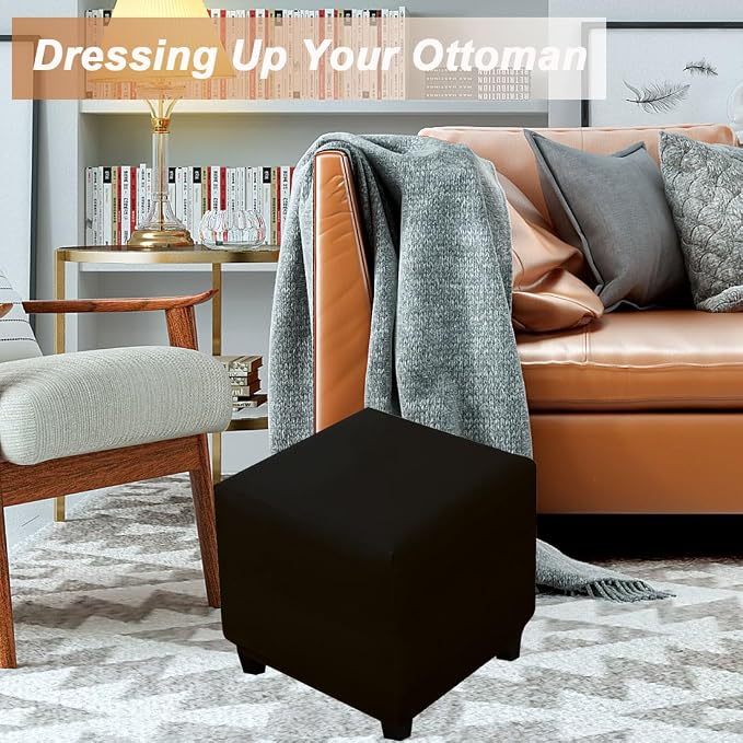 Waterproof Ottoman Cover Square Stretch PU Soft Folding Storage Ottoman Cover with Elastic Bottom Cube Footrest Foot Stool Slipcovers Machine Washable(Medium/Black)