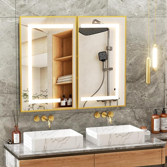 APRILSOUL 40x32 Inch Lighted Bathroom Medicine Cabinet with Mirror, Gold Recessed or Surface Mount Medicine Cabinet Mirror with Storage and LED Lights, 3 Colors Temperature, Dimmable Light