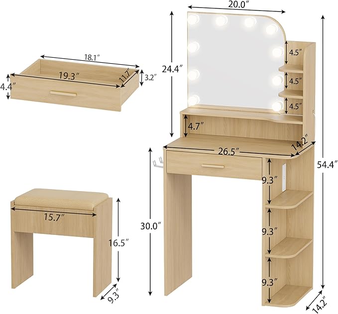 wanan Makeup Vanity with Chair, Small Vanity Desk with Mirror and Lights 3 Colors, Girls Vanity Set with Power Outlet, Compact Vanity Table for Small Space, Oak