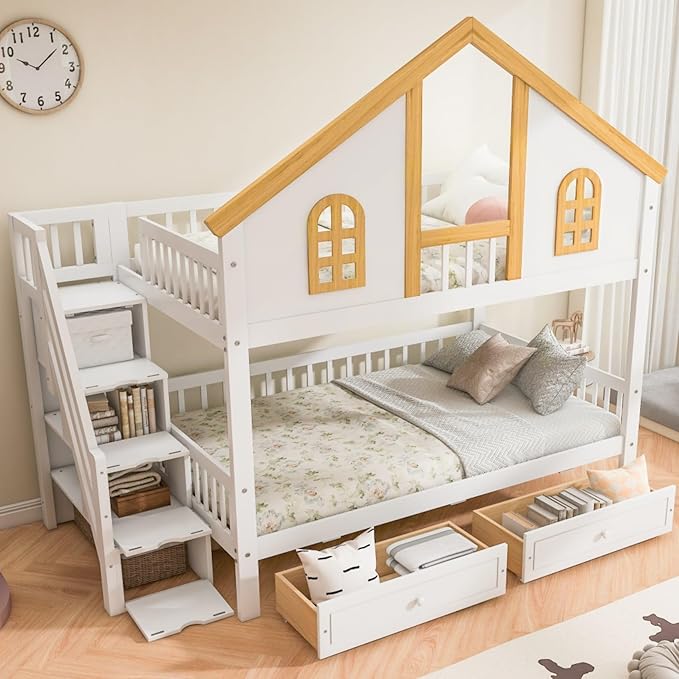 Full Over Full Bunk Bed with Drawers and Storage Stairs, House Castle Bed with Roof and Windows, Bookshelf, Space Saving for Kids, Boys, Girls, Adults, White
