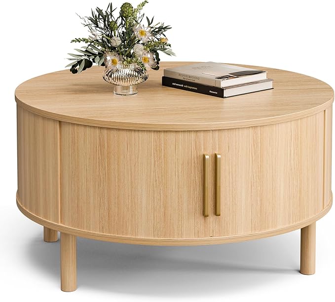 ZttRiee Coffee Table for Living Room, Modern Round Coffee Table with Cabinets & Sliding Doors, Home Small Space, 29.9" Fluted Center Table, Natual