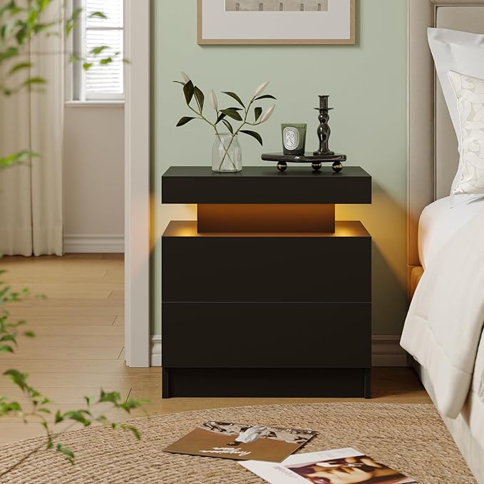 Black LED Nightstand Modern Night Stand for Bedroom Bedside Table with 2 Wood Drawers End Side Table