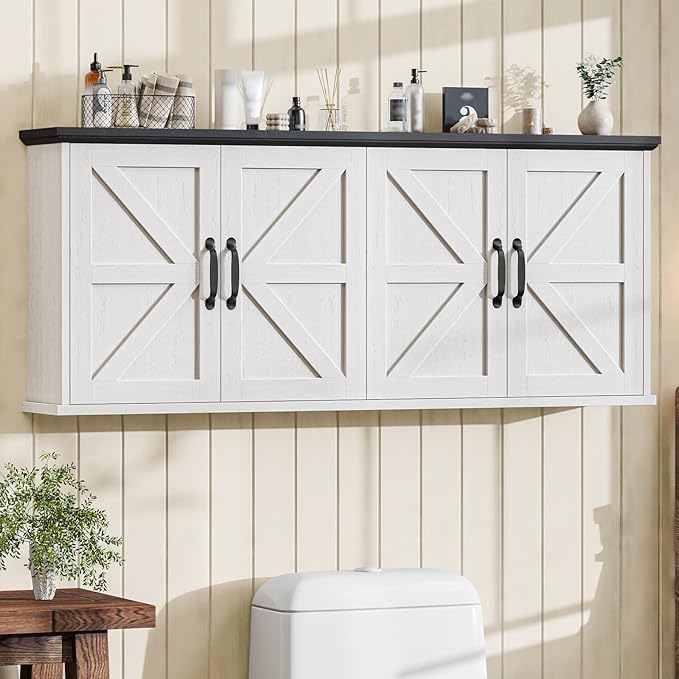 Halitaa 47" Laundry Room Cabinets and Storage with 4 Doors and Utility Adjustable Shelf, Large Wall Mounted Storage Cabinet, Upper Kitchen Cabinet for Laundry, Bathroom, and Kitchen, White and Black