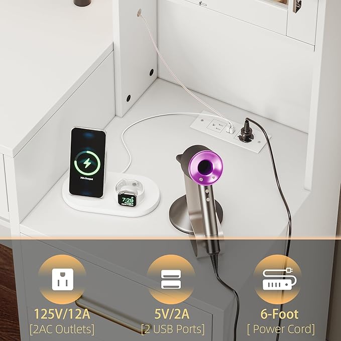 TOKSOM 58.3”Vanity Desk with Mirror and Charging Station, Bedroom Dressing Table, Large Vanity Set, 8 Drawers and 2 Cabinets, Makeup Vanity Table with Charging Station, Without Lights