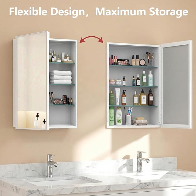 26 x 32 Inch Bathroom Medicine Cabinet with Double Mirror Doors, Recessed or Surface Mount Wall Cabinet for Bathroom, Plastic Frame & Removable Glass Shelves