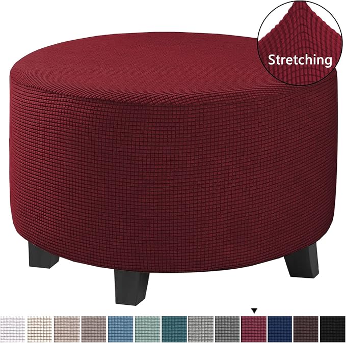 Stretch Ottoman Slipcover – Round Furniture Protector Fits 20"-23" Dia, for Footrests, Storage Ottomans & Folding Stools – Elastic Fabric Cover (Burgundy, Medium)