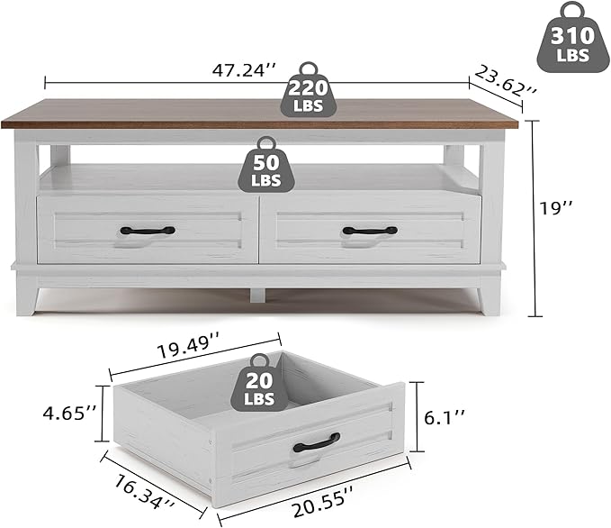 IDEALHOUSE Farmhouse Coffee Table with Drawers, 47.2” Rustic Center Table with Open Shelf and 6 Support Legs, Large Living Room Table with Storage