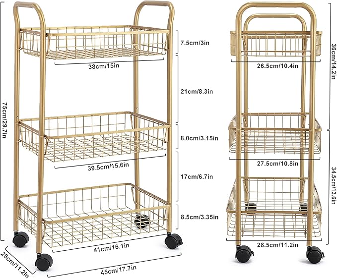 3 Tier Mesh Rolling Utility Cart, Gold Metal Organization Cart with Lockable Wheels, Multifunctional Storage Trolley Service Cart for Kitchen Living Room Office Salon