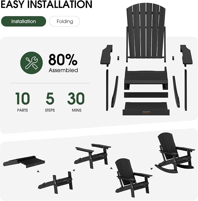 Adjustable Adirondack Rocking Chair with Retractable Ottoman Footrest, 4-in-1 Foldable HDPE Outdoor Rocker, Weather Resistant Adirondack Chair for Porch, Garden & Poolside, Black