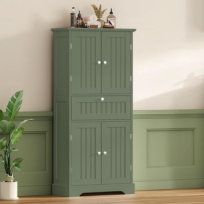 ChooChoo 51" H Tall Bathroom Floor Cabinet, Modern Bathroom Storage Cabinet with Drawer and Adjustable Shelves, Freestanding Kitchen Pantry Cupboard with 4 Doors for Living Room, Green