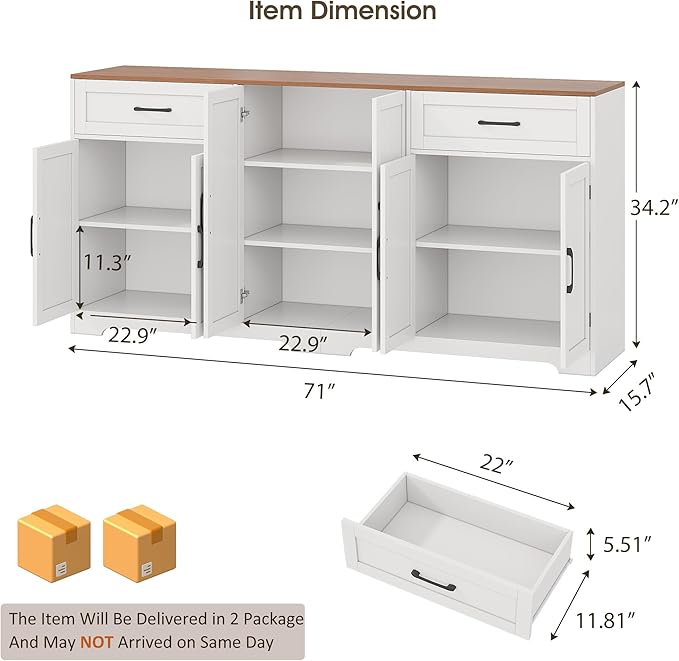 Whalefall 71" Farmhouse Sideboard Buffet Cabinet with Storage, Large Coffee Bar with 2 Drawers & 6 Doors, Kitchen Storage Credenza with Adjustable Shelves for Dining Room, White