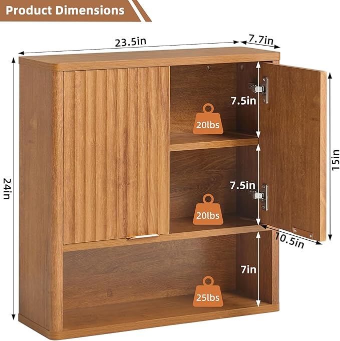 LEYAOYAO Fluted Bathroom Wall Cabinet, Wall-Mounted Medicine Cabinet with Adjustable Shelf and 2 Doors, Tea Brown Farmhouse Over the Toilet Storage Cabinets for Laundry Room, Kitchen, Living Room