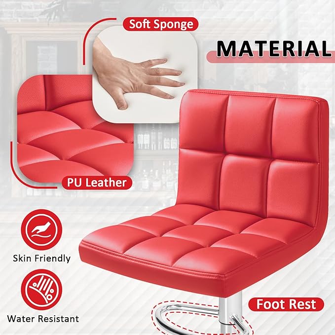 Homall Bar Stools Modern PU Leather Adjustable Swivel Barstools, Armless Hydraulic Kitchen Counter Bar Stool Extra Height Square Island Barstool with Back Set of 2 (Leather, Red)