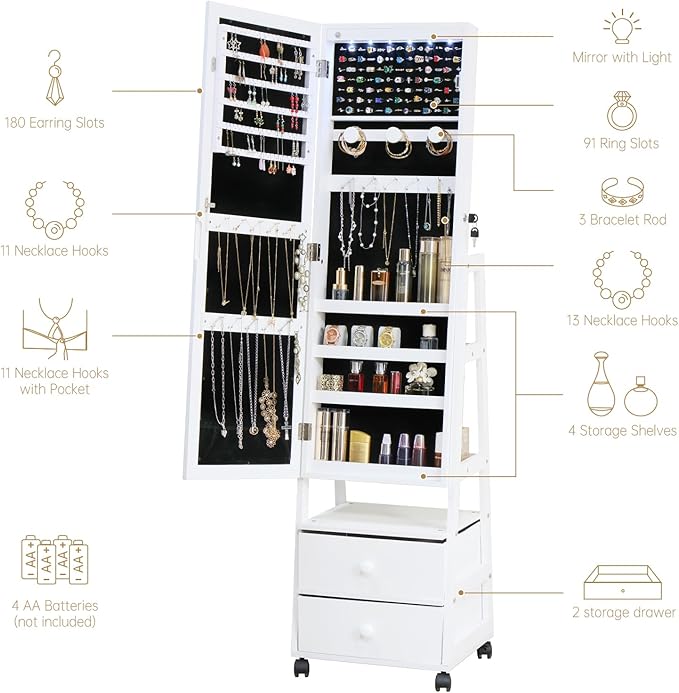 Jewelry Armoire Cabinet Organizer Standing with 20 LED Lights Lockable Full Length Mirror with Storage Shelves and 2 Drawers (White) Adjustable Tilt Angles Gift for Her